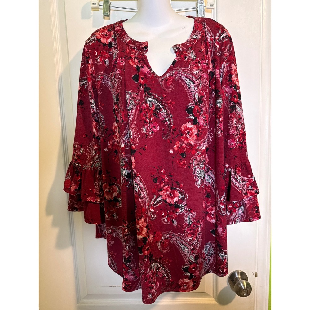 Perception Women Red Floral Paisley Tiered Ruffle Bell Sleeve Tunic Top 3X